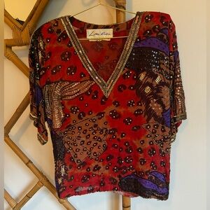 Vintage Lillie Rubin Silk Beaded V-Neck Blouse